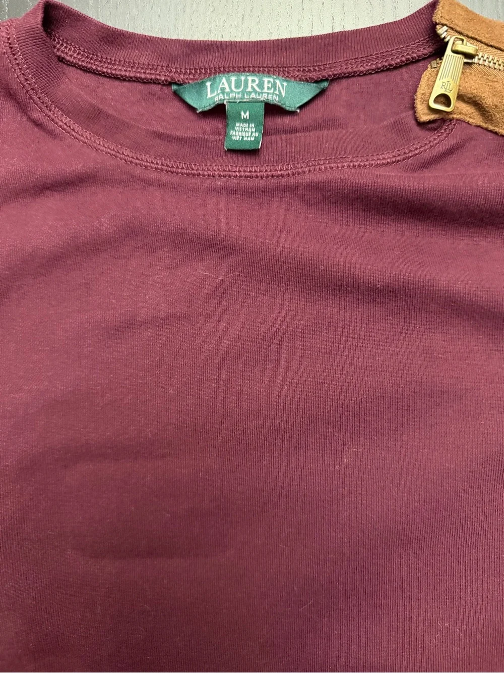 Lauren Ralph Lauren Burgundy Long-Sleeve with Tan Elbow Patches and Shoulder Zip